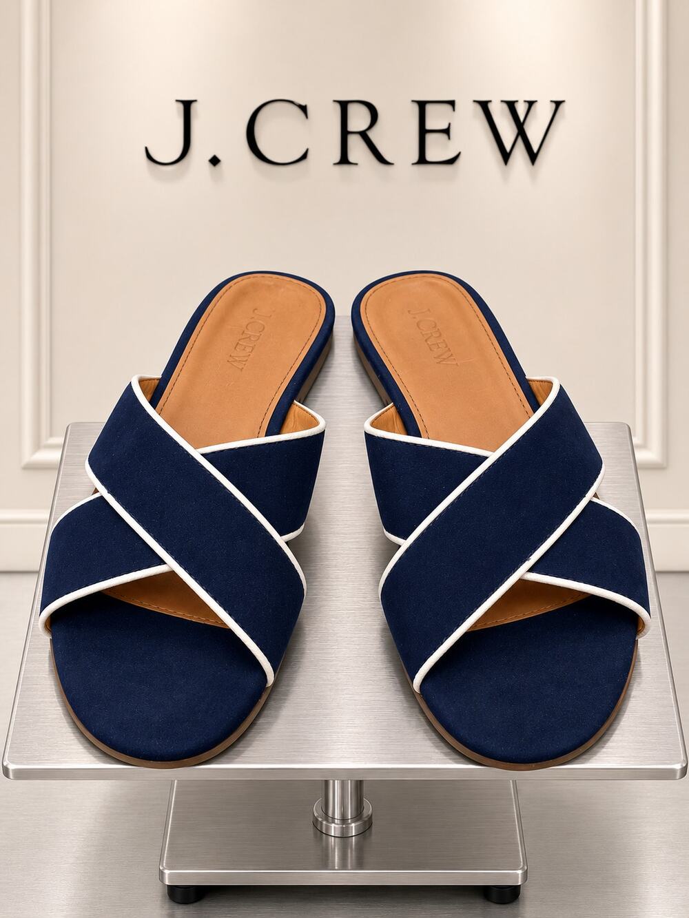 J.Crew Crisscross Slide Sandals Antique Navy White BG337 Women’s 6.5